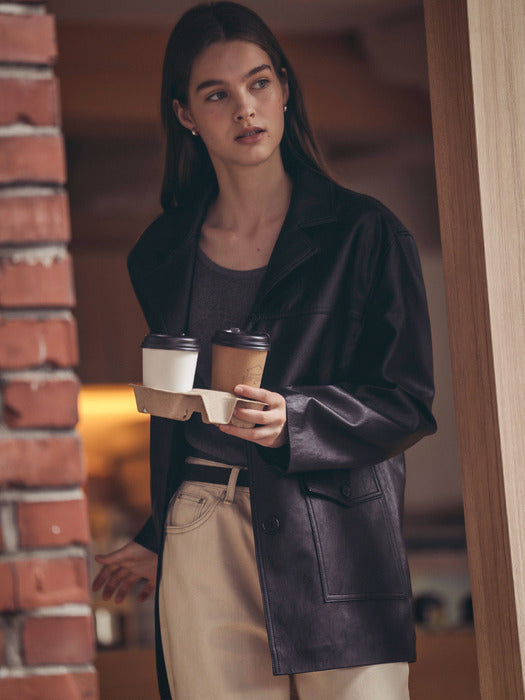 [TILLIDIE] Faux leather tailored jacket_Black