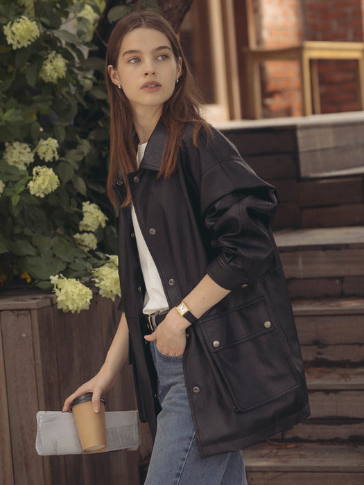 [TILLIDIE] Casual faux leather oversized jacket_Black