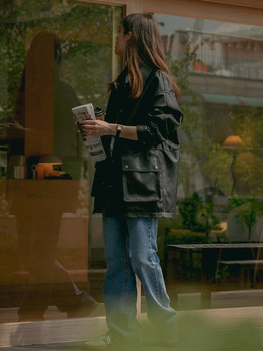 [TILLIDIE] Casual faux leather oversized jacket_Black