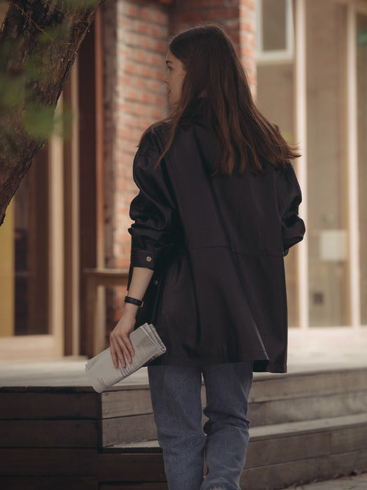 [TILLIDIE] Casual faux leather oversized jacket_Black