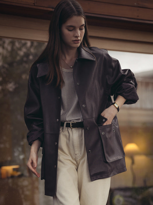 [TILLIDIE] Casual faux leather oversized jacket_Brown