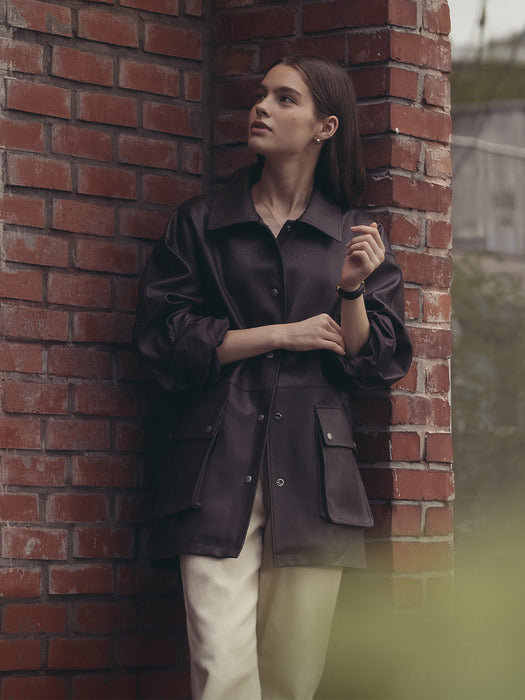 [TILLIDIE] Casual faux leather oversized jacket_Brown