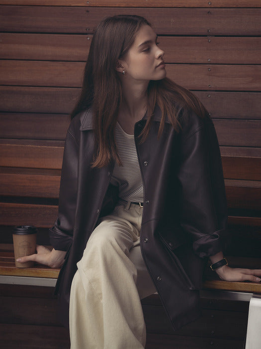[TILLIDIE] Casual faux leather oversized jacket_Brown