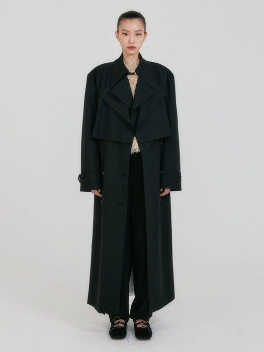 Eenk Zeida Wide Collar Layered Coat - Black
