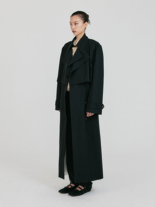 Eenk Zeida Wide Collar Layered Coat - Black