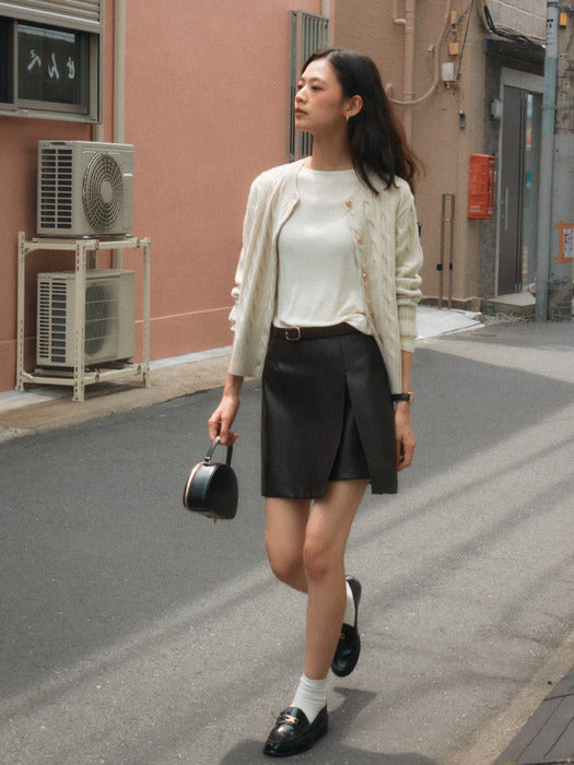 [TILLIDIE] Slit stitch point leather skirt_Brown