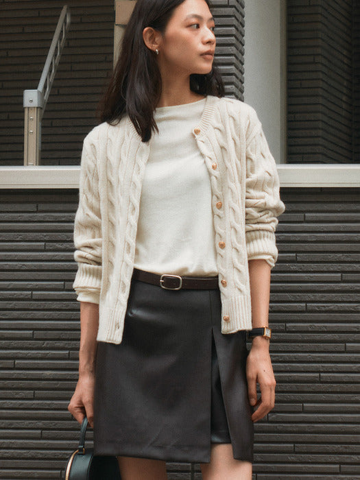 [TILLIDIE] Slit stitch point leather skirt_Brown