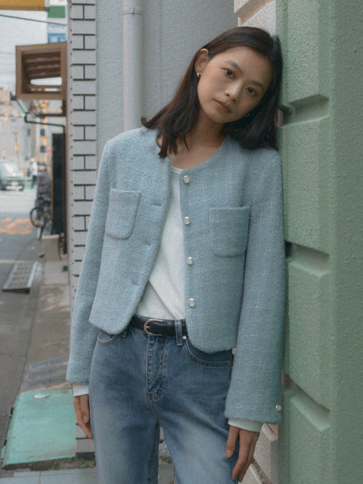 [TILLIDIE] Collarless rose tweed jacket_Sky blue