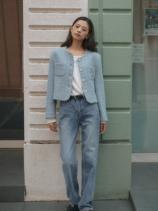 [TILLIDIE] Collarless rose tweed jacket_Sky blue