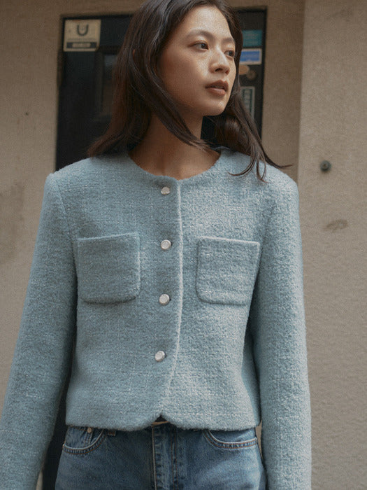 [TILLIDIE] Collarless rose tweed jacket_Sky blue