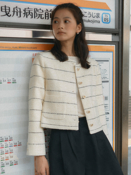 [TILLIDIE] Collarless moa tweed jacket_Ivory