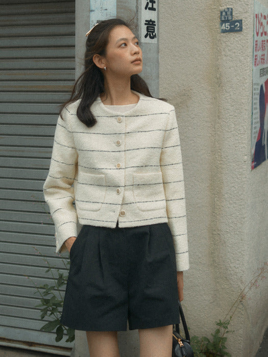 [TILLIDIE] Collarless moa tweed jacket_Ivory