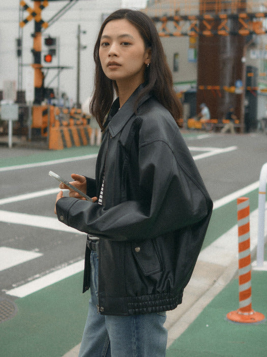 [TILLIDIE] Faux leather overfit jumper_Black