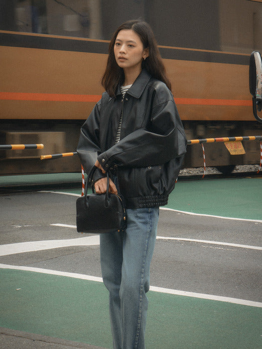 [TILLIDIE] Faux leather overfit jumper_Black