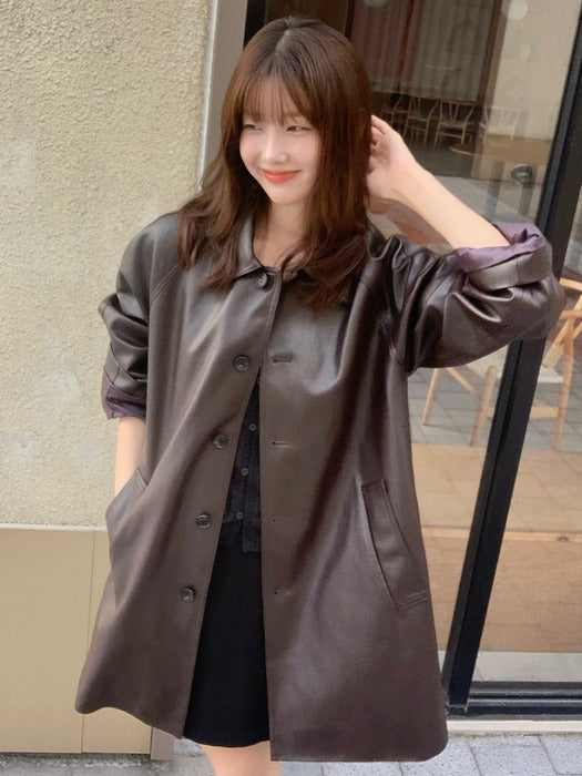 [TILLIDIE] Even faux leather coat_Wine