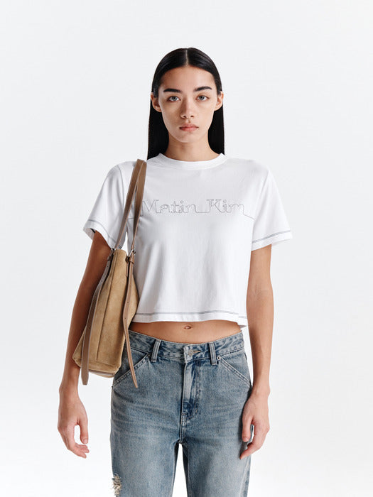 MATIN EDGE STITCH LOGO CROP TOP IN WHITE