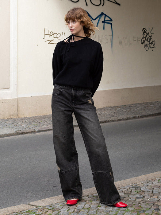 [raive] Vintage Washing Wide Denim Pants in Black VJ4AL383-10