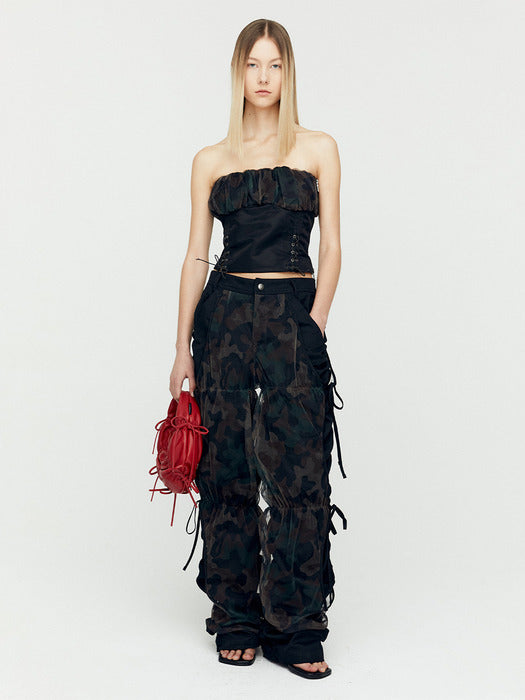 [andersson bell] CAMOUFLAGE MESH LAYERED TYING PANTS apa767w(BLACK)