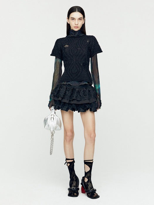 [andersson bell] DAMAGED KNIT LAYERED MESH TOP atb1202w(BLACK)