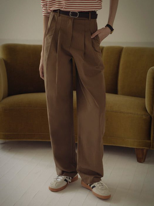 [TILLIDIE] Gold button classic cotton pants_Brown