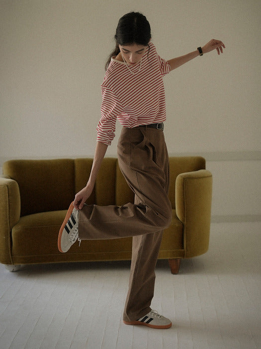 [TILLIDIE] Gold button classic cotton pants_Brown