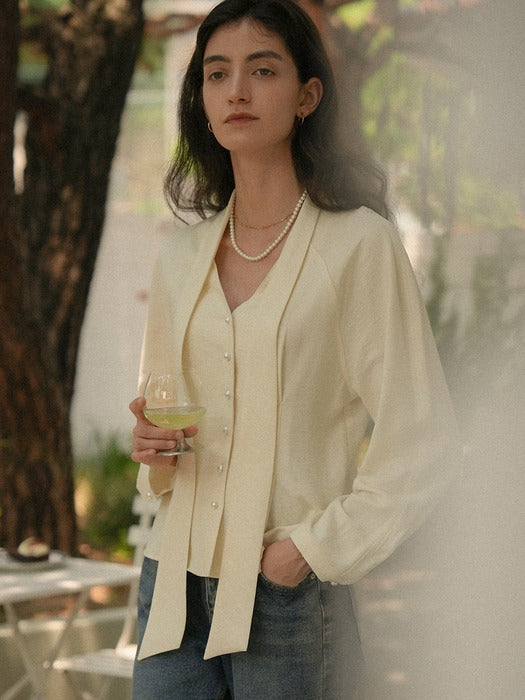 [TILLIDIE] Tied collar pearl button flare blouse_Butter
