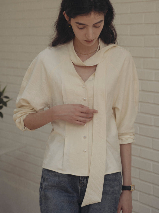 [TILLIDIE] Tied collar pearl button flare blouse_Butter