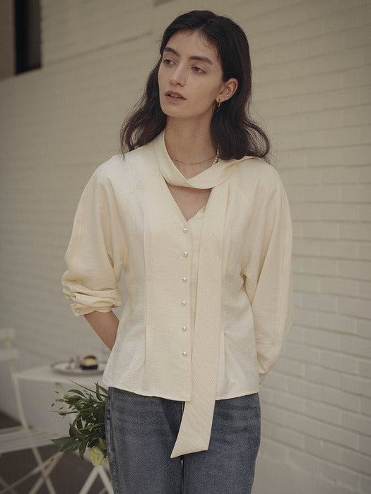 [TILLIDIE] Tied collar pearl button flare blouse_Butter