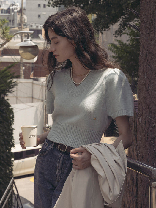 [TILLIDIE] Raccoon V-neck knit top_Sky blue