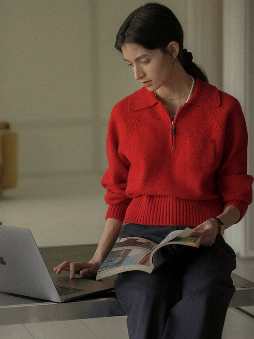 [TILLIDIE] Pocket collar half zip-up knit_Red