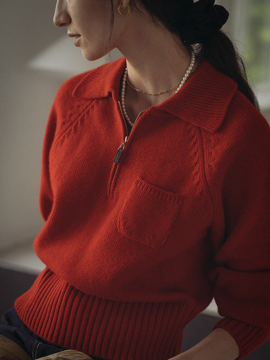 [TILLIDIE] Pocket collar half zip-up knit_Red