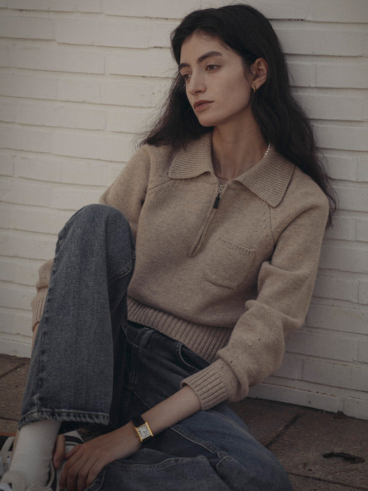 [TILLIDIE] Pocket collar half zip-up knit_Beige