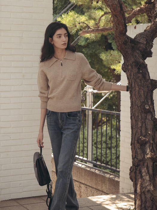 [TILLIDIE] Pocket collar half zip-up knit_Beige