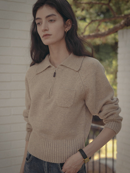 [TILLIDIE] Pocket collar half zip-up knit_Beige