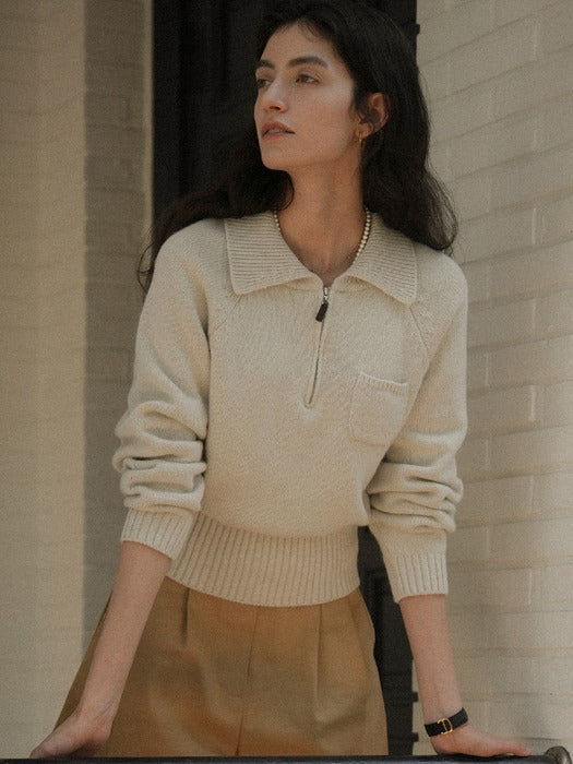 [TILLIDIE] Pocket collar half zip-up knit_Oatmeal