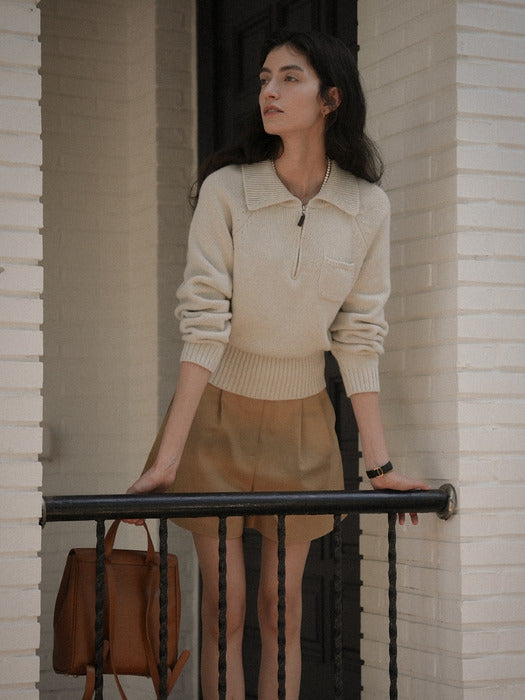 [TILLIDIE] Pocket collar half zip-up knit_Oatmeal