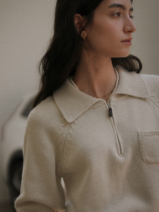 [TILLIDIE] Pocket collar half zip-up knit_Oatmeal