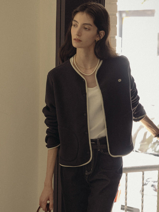 [TILLIDIE] Sofia collarless fleece jacket_Dark navy