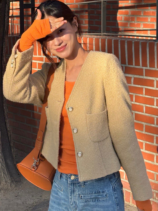 [TILLIDIE] Collarless ourora tweed jacket_Beige