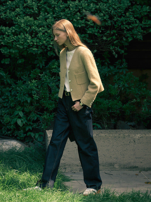 [TILLIDIE] Collarless ourora tweed jacket_Beige