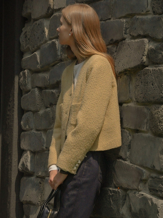 [TILLIDIE] Collarless ourora tweed jacket_Beige