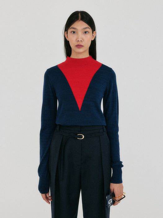 Eenk Zoe V-Point Mockneck Knit Pullover - Navy/Red