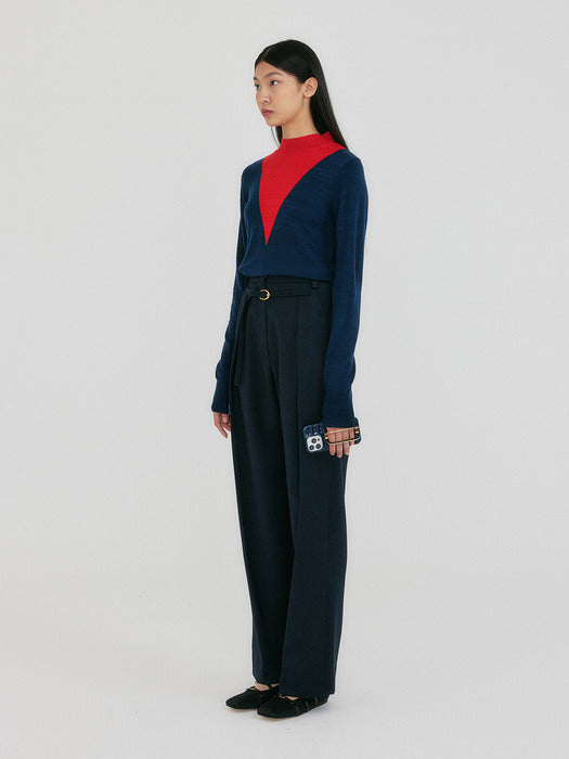 Eenk Zoe V-Point Mockneck Knit Pullover - Navy/Red