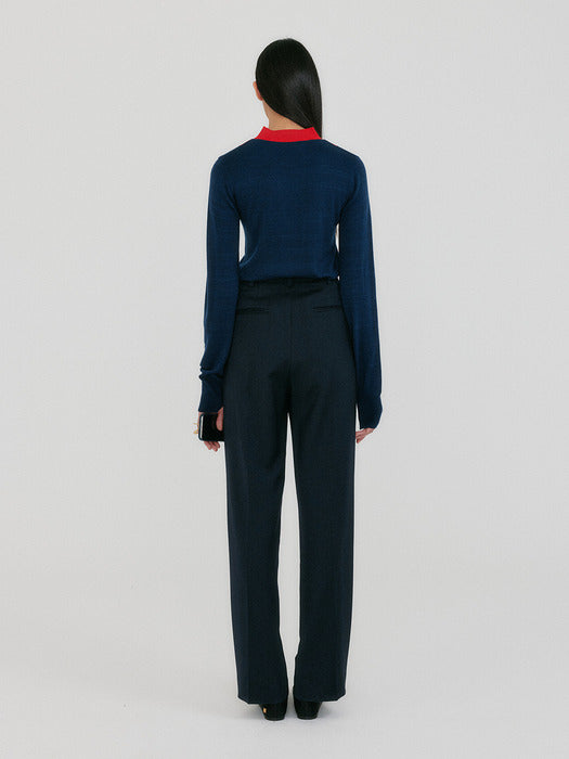 Eenk Zoe V-Point Mockneck Knit Pullover - Navy/Red
