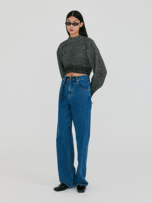 [EENK] Zabelle Mockneck Textured Knit Pullover - Black/White