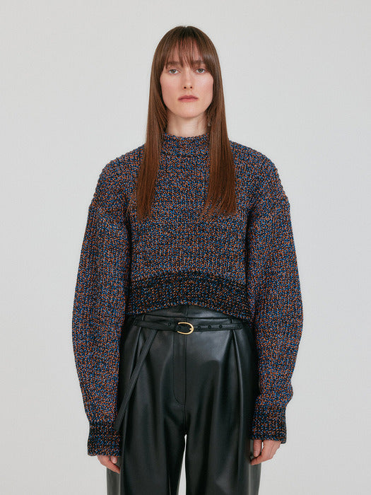 Eenk Zabelle Mockneck Textured Knit Pullover - Orange/Blue Multi