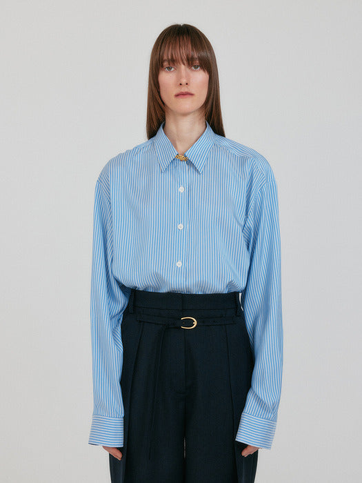 Eenk Zancy Oversized Shirt with Brooch - Sky Blue Stripe