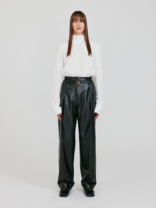 Eenk Zette Belted Tuck Leather Pants - Z-Black
