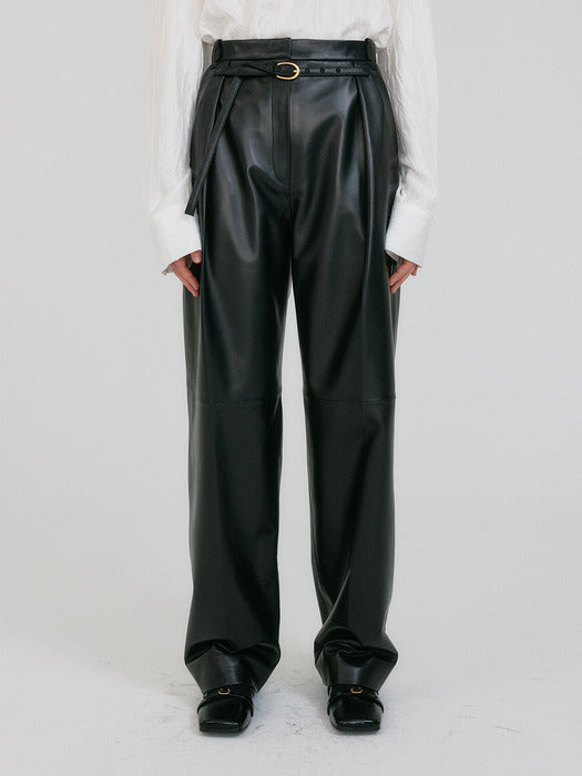 Eenk Zette Belted Tuck Leather Pants - Z-Black