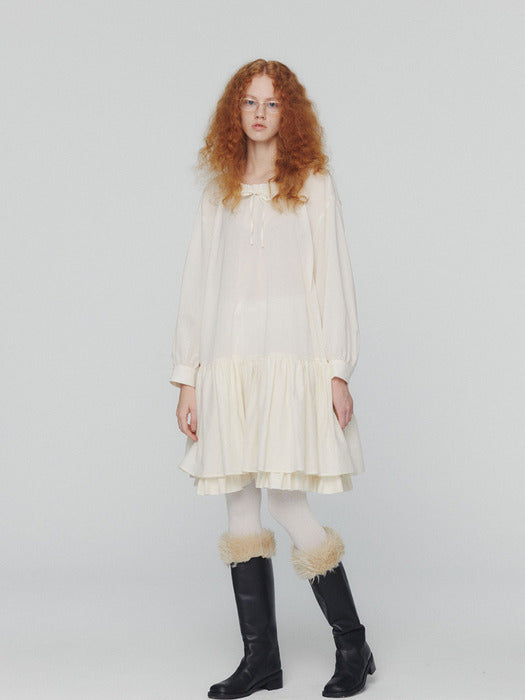 [amomento] SHEER NECK FRILL DRESS(2COLORS)